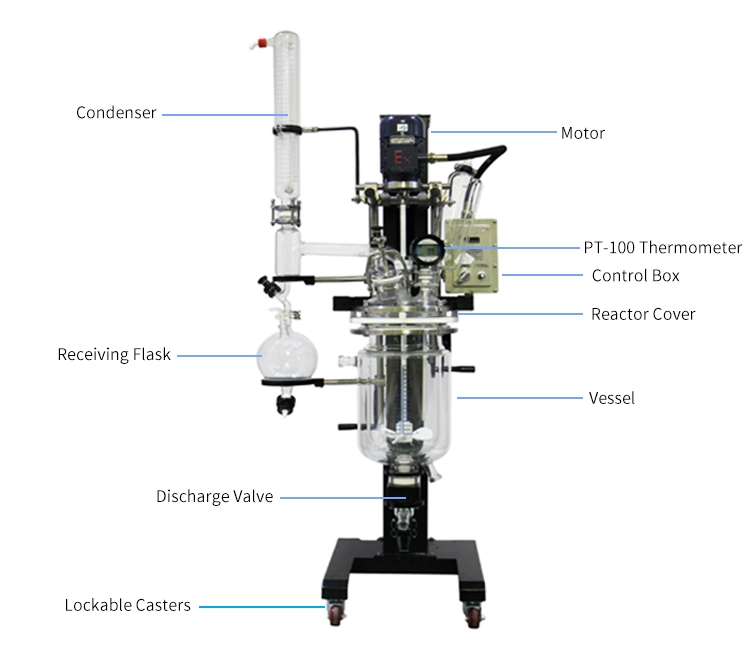 10l-200l Lifting and Turning Chemical Jacketed Mixing Glass Reactor with Hand Wheel02
